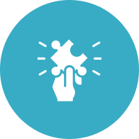 A blue circle with a white hand holding something