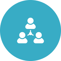 A blue circle with three people in the middle