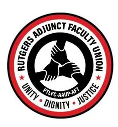 A red and black logo for rutgers adjunct faculty union.