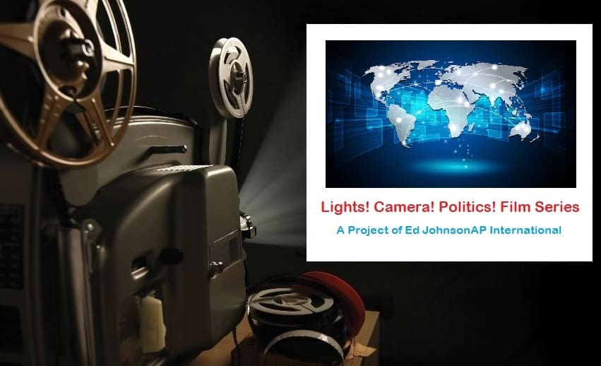 Film projector with world map and text.